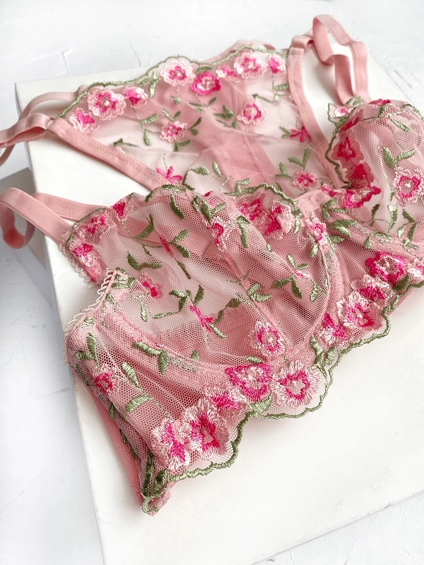 Pink Flower Embroidered Bra Set