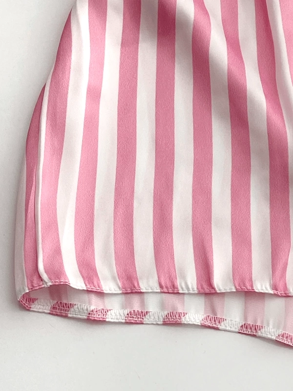 Pembe Çizgili Dantel Detaylı Saten Şortlu Takım