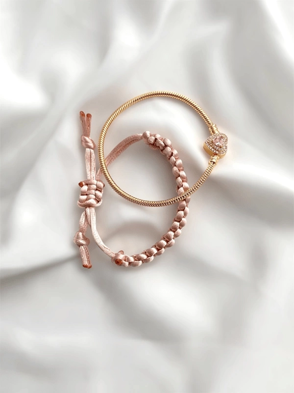 Pembe Kalp Taşlı Charm Bileklik & Makrome Örgü Bileklik Kombin