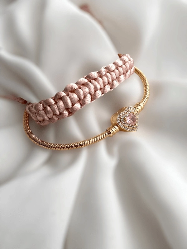 Pembe Kalp Taşlı Charm Bileklik & Makrome Örgü Bileklik Kombin