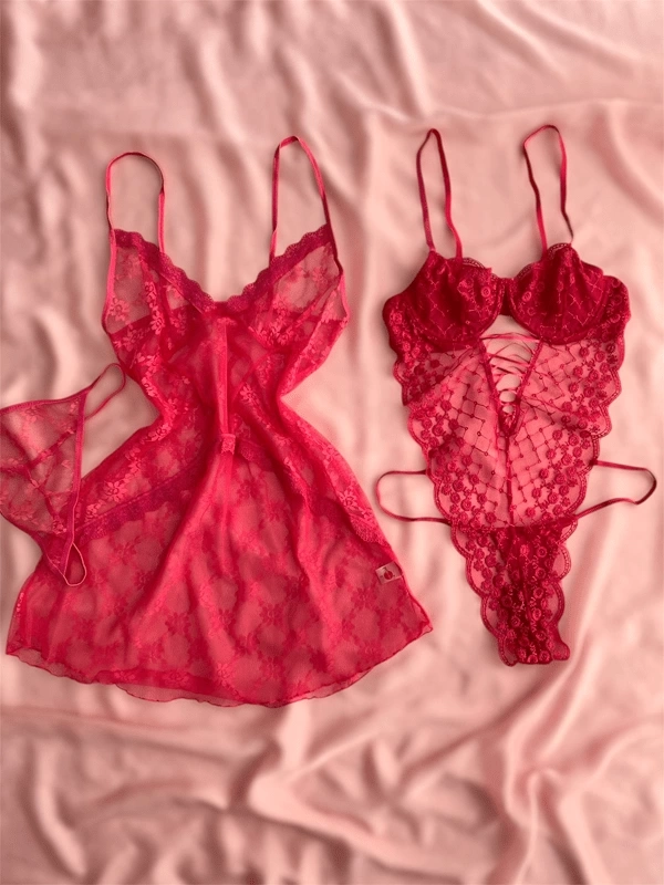 Pembe Tül Gecelik & Bodysuit Kombin