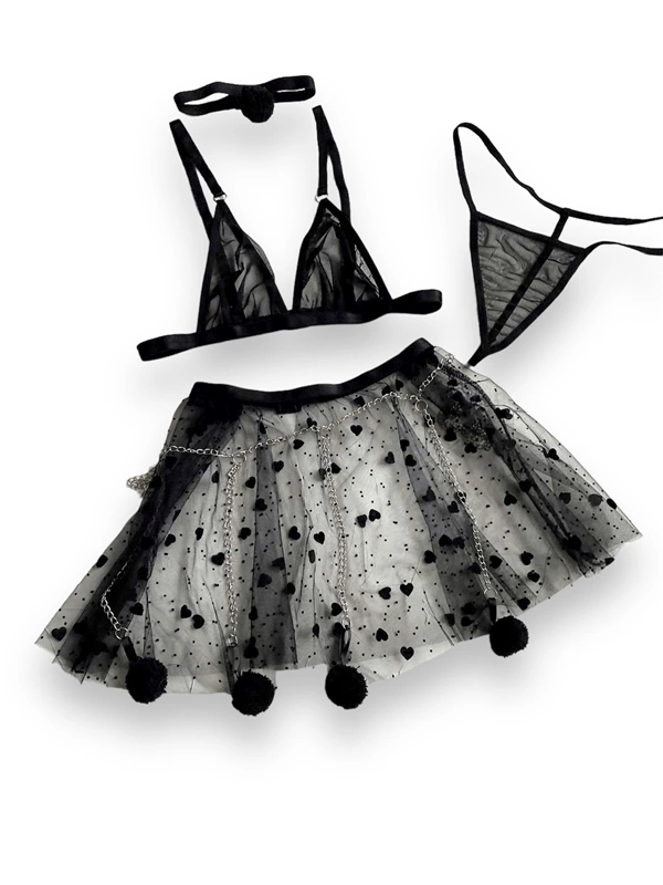 Pompom and Heart Detailed Skirt Bra Set