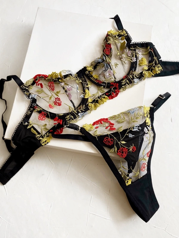 Colorful Flower Embroidered Bra Set