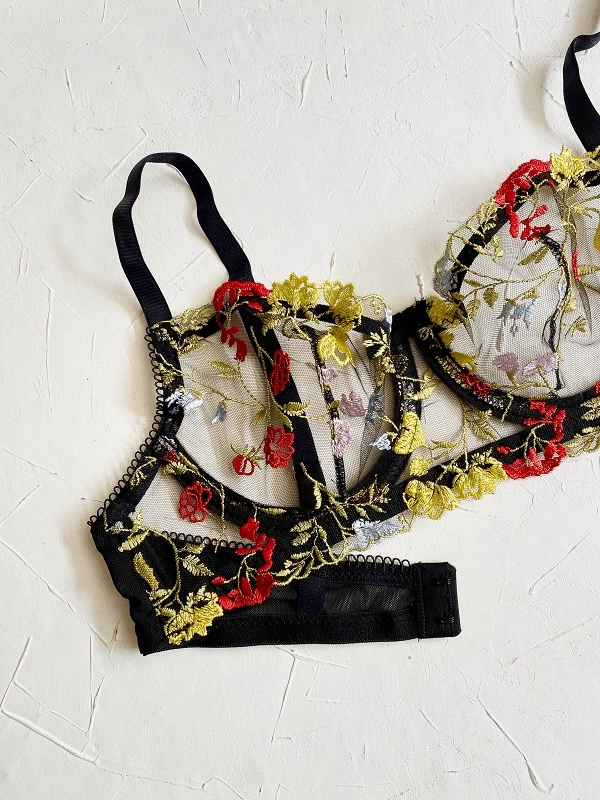 Colorful Flower Embroidered Bra Set