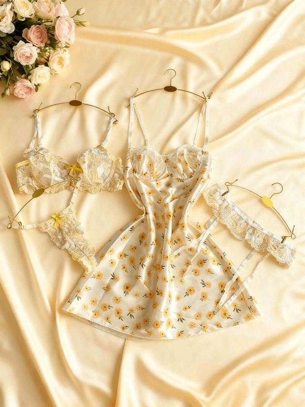 Sarı Çiçekli Yumuşak Saten Gecelik & Jartiyer Takım Kombin