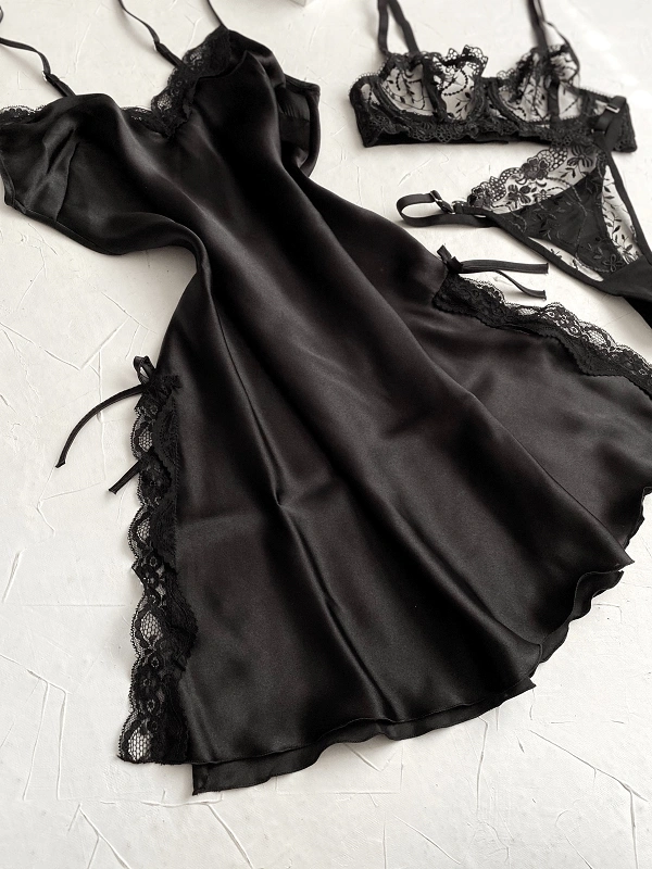 Satin Nightgown & Bra Set Combine