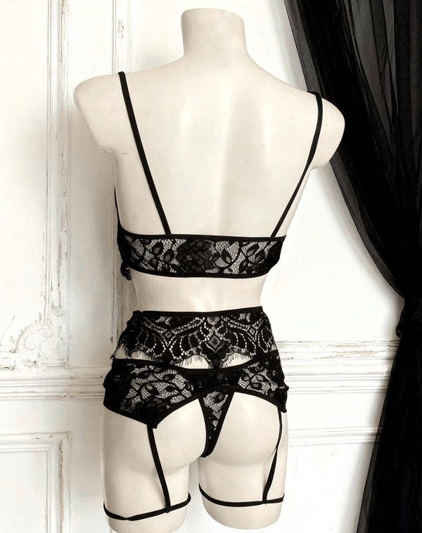 Siyah Dantel Jartiyer Takım