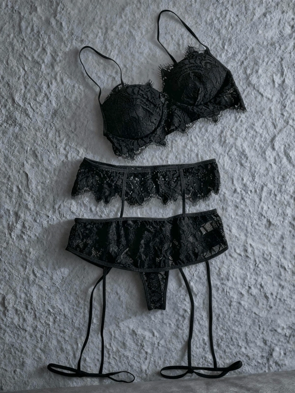 Siyah Dantel Jartiyer Takım