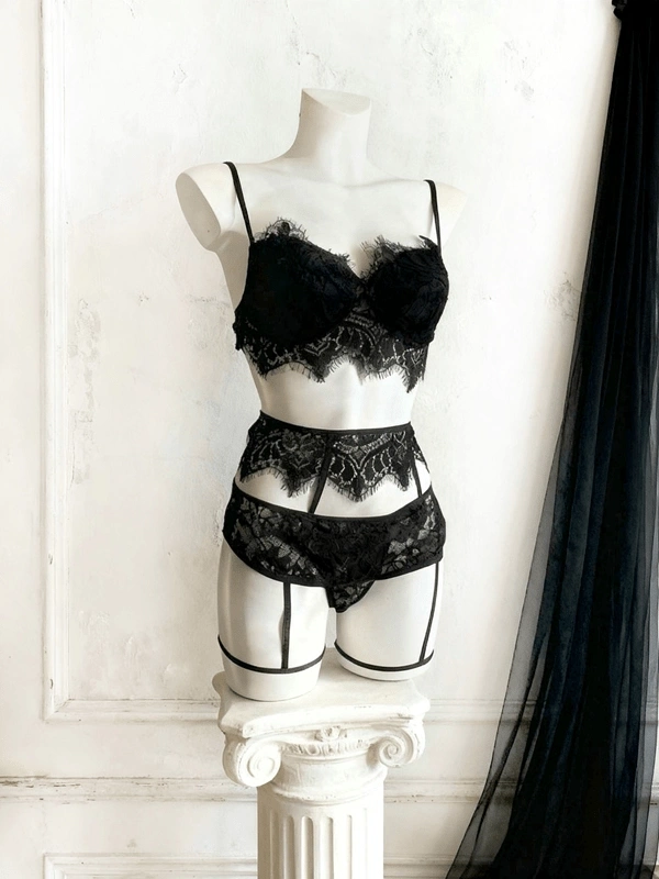 Siyah Dantel Jartiyer Takım