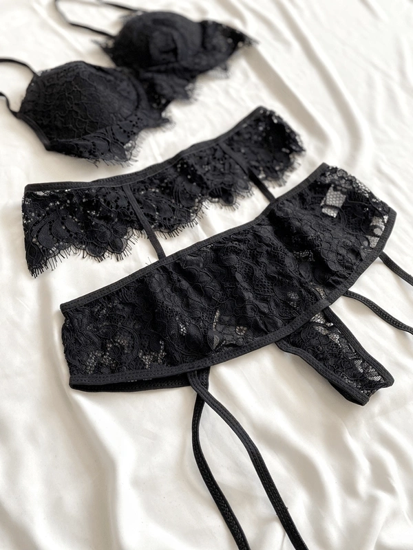 Siyah Dantel Jartiyer Takım