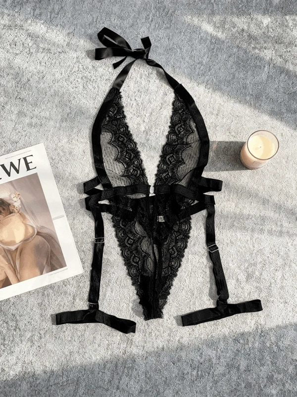 Siyah Derin Göğüs Dekolteli Jartiyerli Bodysuit