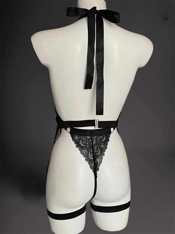 Siyah Derin Göğüs Dekolteli Jartiyerli Bodysuit