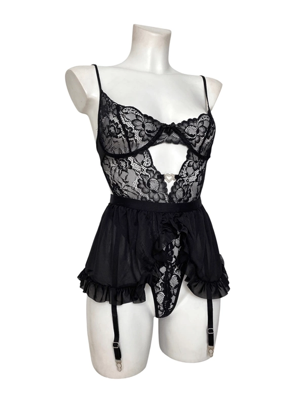 Siyah Kalp Detaylı Bodysuit & Fırfırlı Etekli Jartiyer Takım-GC1905