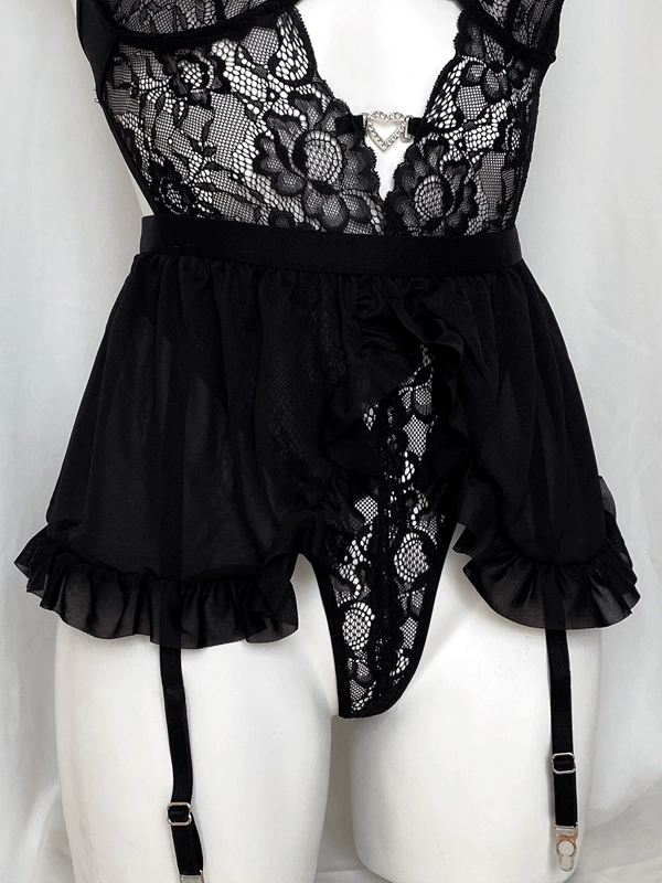 Siyah Kalp Detaylı Bodysuit & Fırfırlı Etekli Jartiyer Takım-GC1905