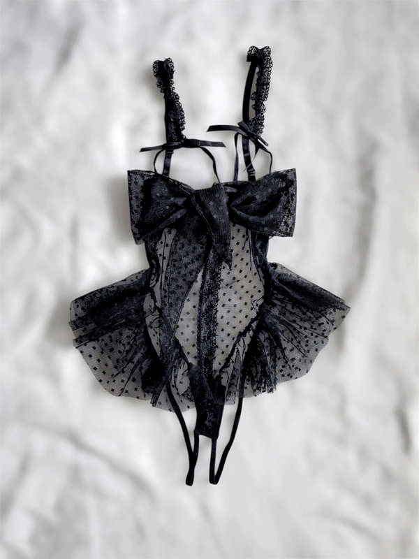 Siyah Özel Bölgesi Açık Puantiye Detaylı Göğüs Dekolteli Transparan Bodysuit
