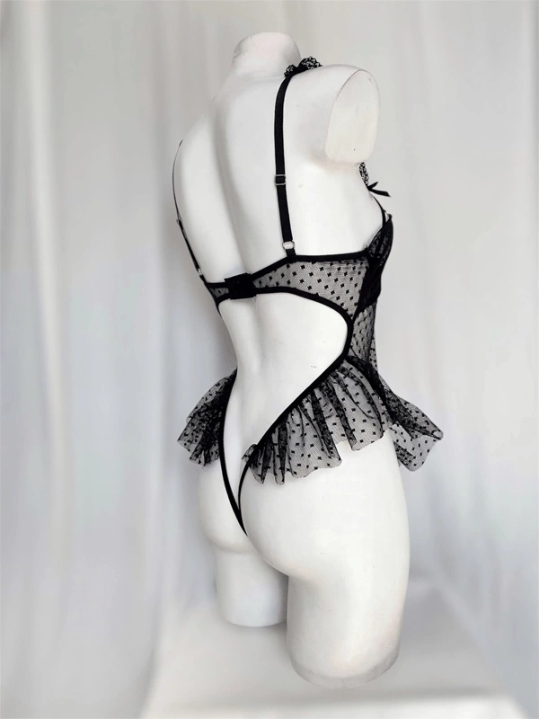 Siyah Özel Bölgesi Açık Puantiye Detaylı Göğüs Dekolteli Transparan Bodysuit