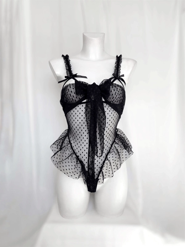 Siyah Özel Bölgesi Açık Puantiye Detaylı Göğüs Dekolteli Transparan Bodysuit
