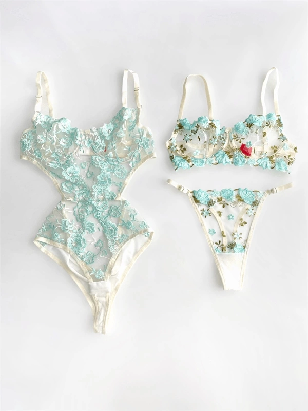 Su Yeşili Çiçek İşlemeli Bodysuit & Sütyen Takım 3 Parça Fantezi Kombin (Gizli Gönderi)