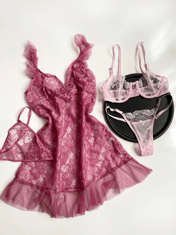 Tulle Nightgown & Floral Embroidered Bra Set Combination
