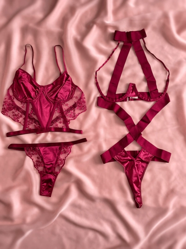 Vişne Dantel Detaylı Büstiyer Takım & Bodysuit Kombin