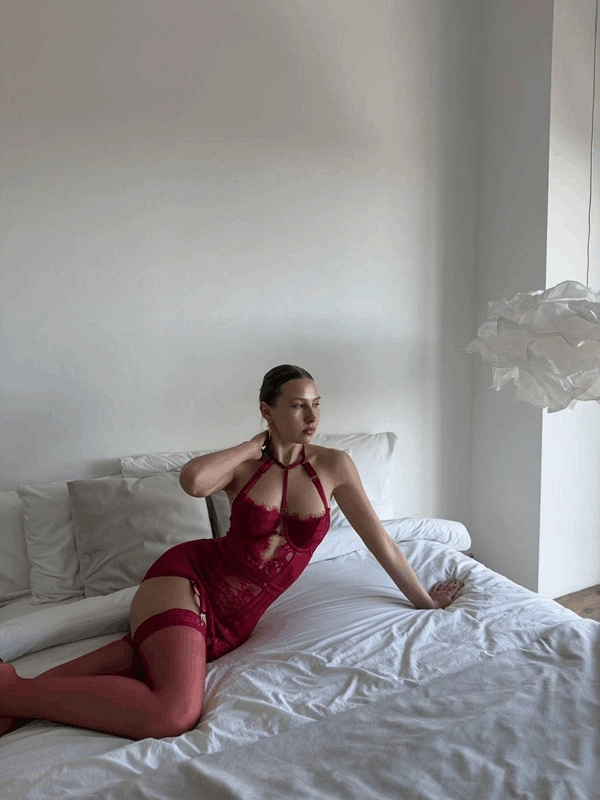 Vişne Dantel ve Bant Detaylı Private Babydoll