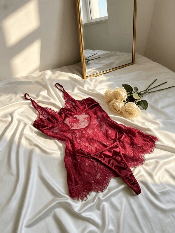 Vişne Derin Göğüs Dekolteli Dantel Private Babydoll