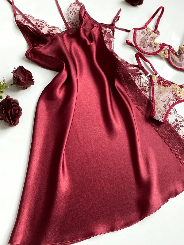 Side Tied Satin Nightgown and Underwire Lace Bra Set Combination