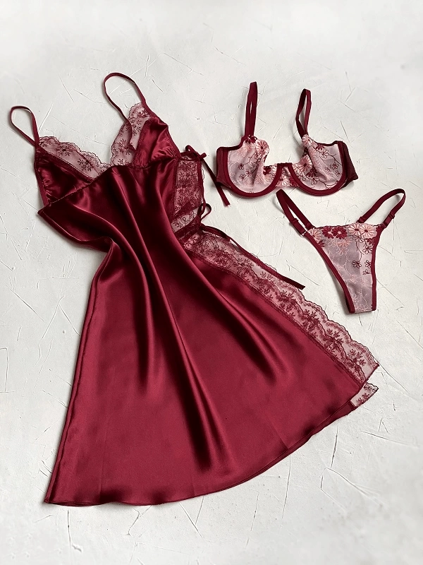 Side Tie Satin Nightgown and Underwire Lace Bra Set Combine