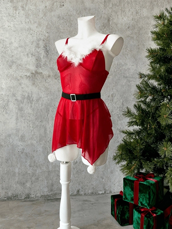 Yılbaşı Özel Eteği Ponpon Detaylı Tüylü Gecelik ❤️