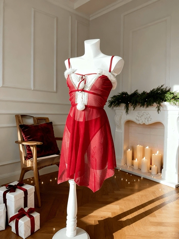 Yılbaşı Özel Ponpon Detaylı Tüylü Gecelik ❤️