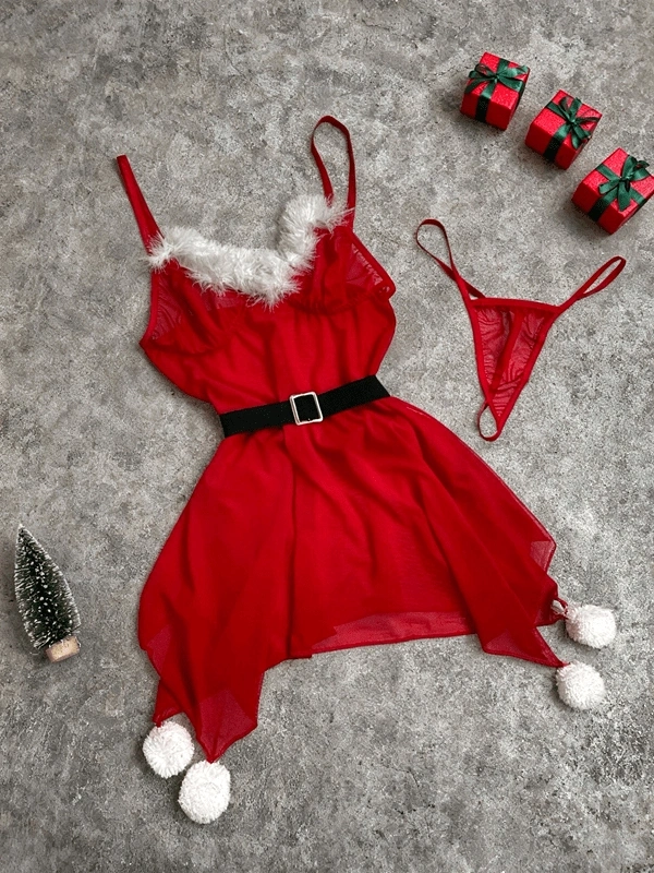 Yılbaşı Özel Eteği Ponpon Detaylı Tüylü Gecelik ❤️