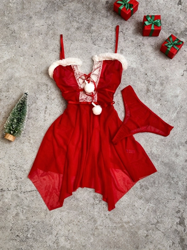 Yılbaşı Özel Ponpon Detaylı Tüylü Gecelik ❤️