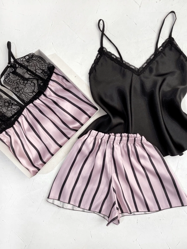 Slit Satin Nightgown & Striped Satin Shorts Set Combination