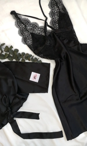 Siyah Saten Gecelik- Sabahlık Set