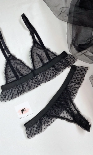 Puantiye Tüllü Sütyen Takım