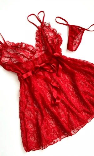 Kırmızı Kuşak Detaylı Kısa Tül Gecelik