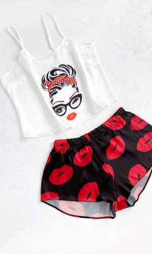 Lip Printed Satin Shorts Set