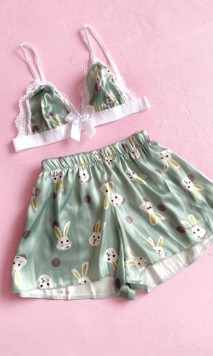 Rabbit Printed Satin Shorts Set