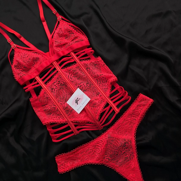 Red Guipure Bustier Set
