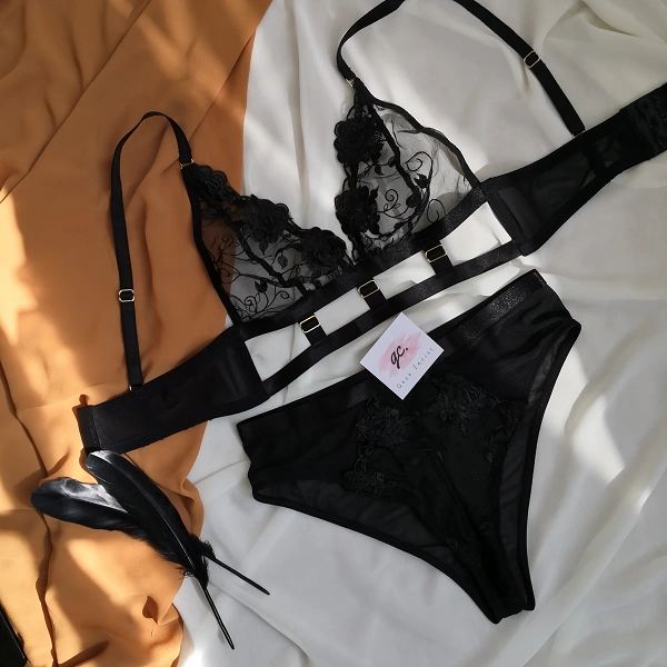 Rebel Black Guipure Bra Set