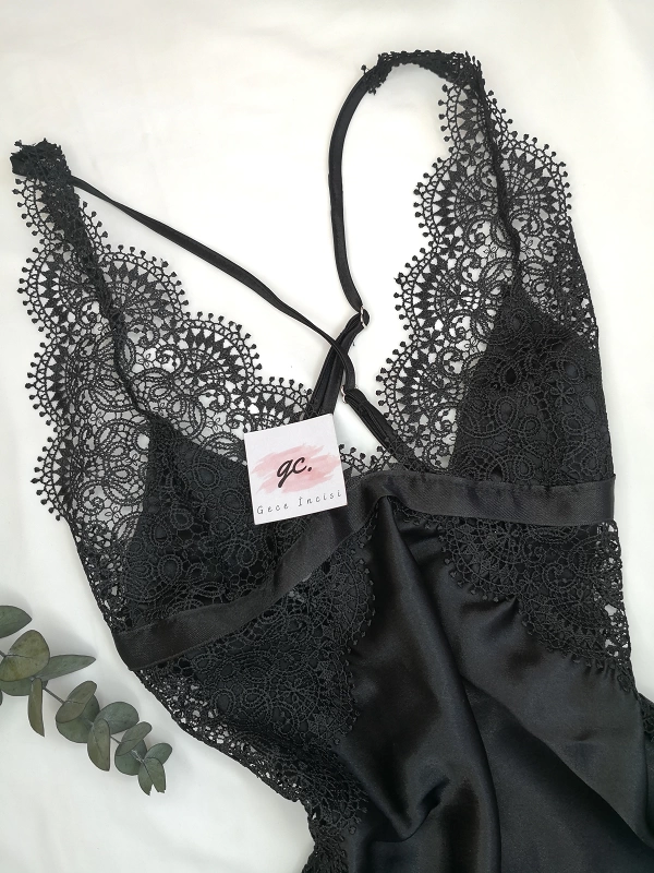 Black Satin Nightgown - Dressing Gown Set