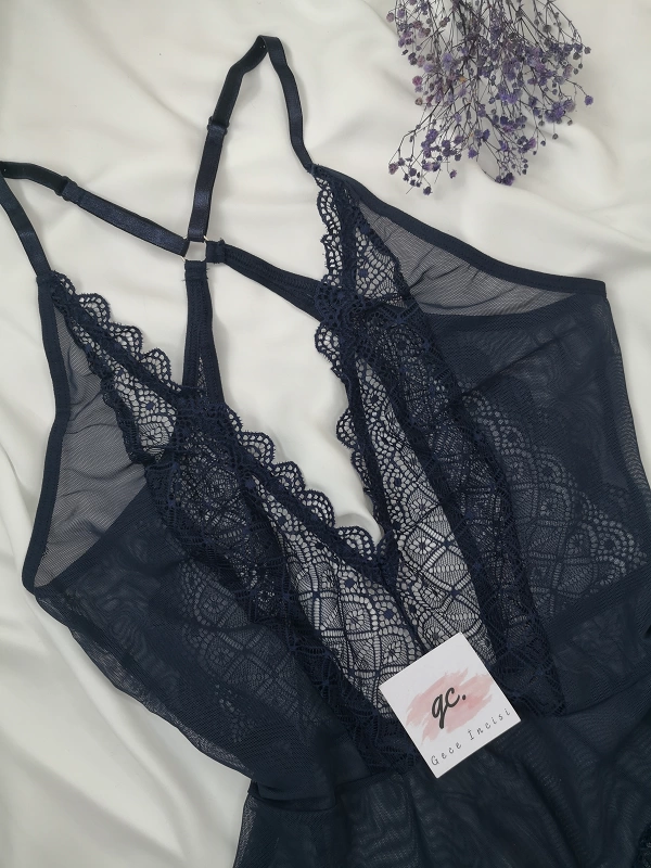 Elegance Navy Blue Lace Bodysuit