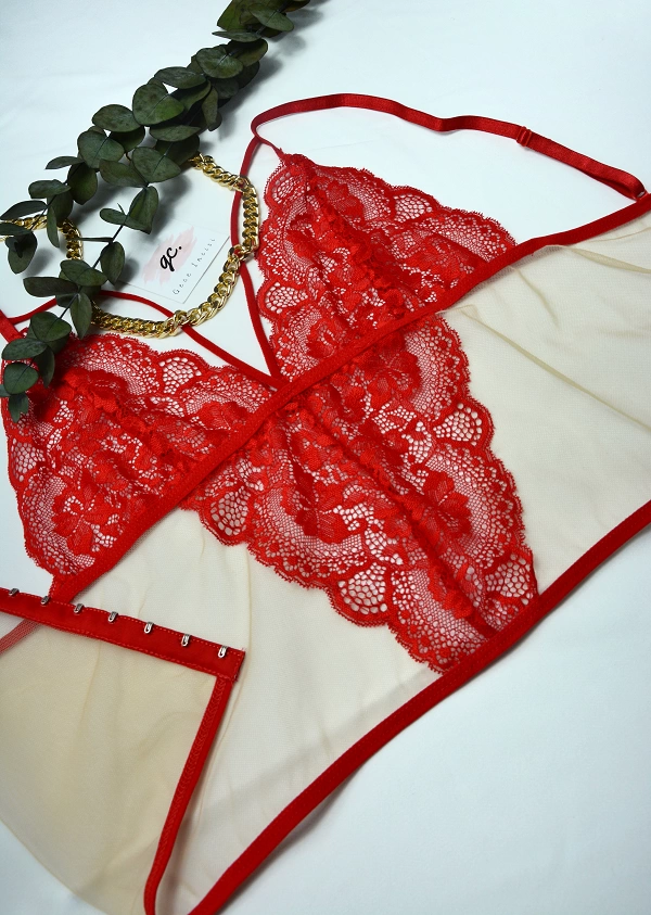 Red Lace Tulle Bustier Set