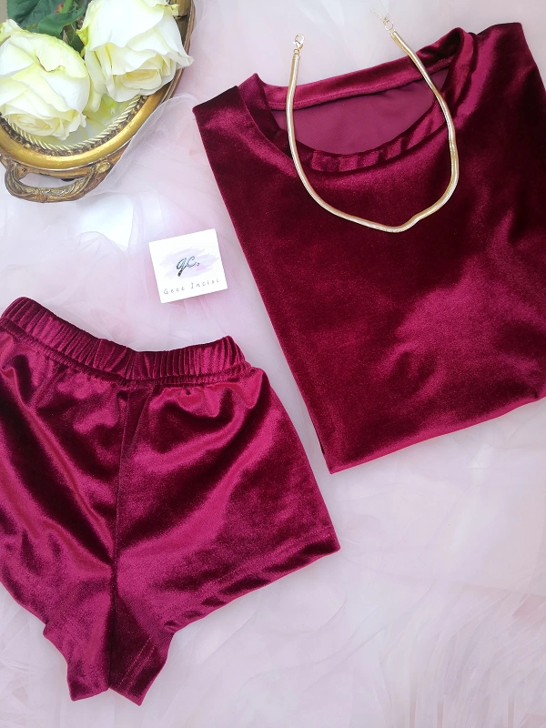 Cherry Velvet Crop Top T-Shirt Shorts Set