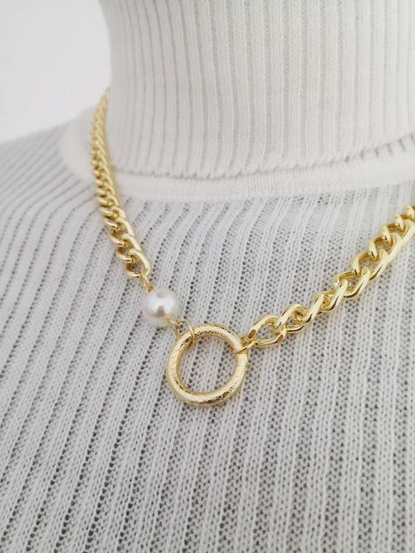 Pearl And Ring Detailed Thick Chain Necklace