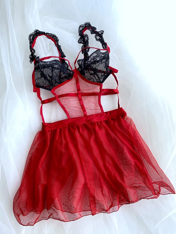 Black Lace Detailed Red Babydoll Set
