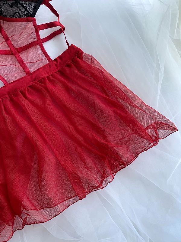 Black Lace Detailed Red Babydoll Set