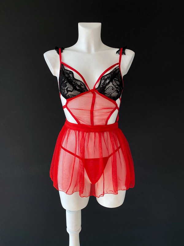 Black Lace Detailed Red Babydoll Set