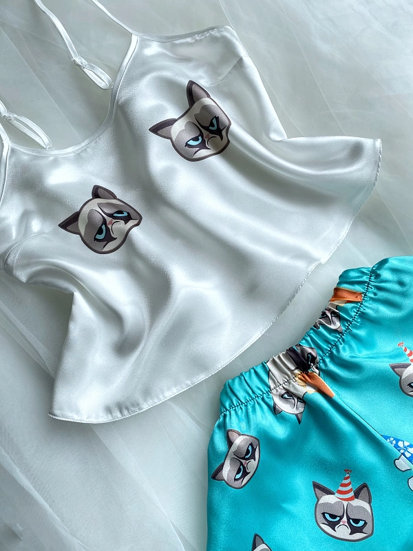Cat Satin Shorts Set