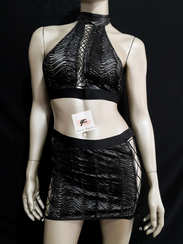 Leather Look Mini Skirt Suit